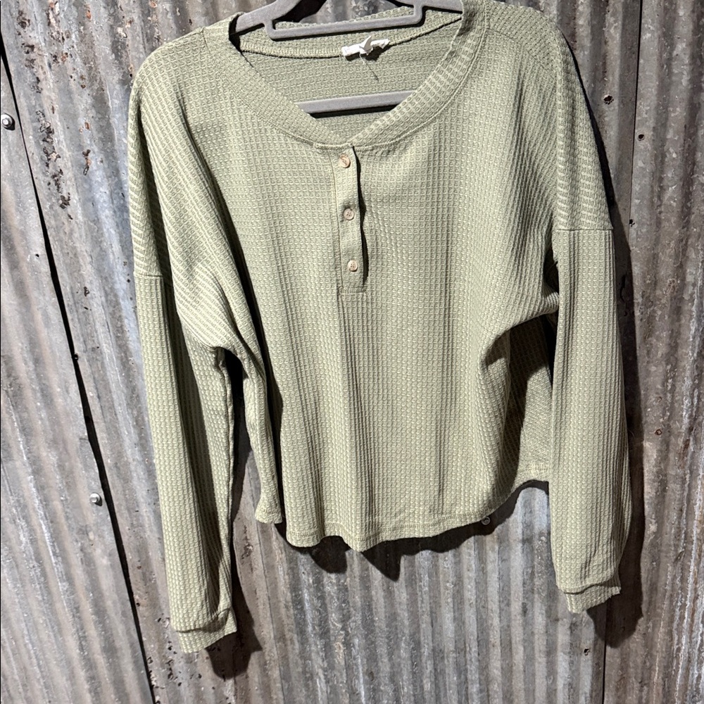 Mine Olive Waffle Knit Buttoned Top